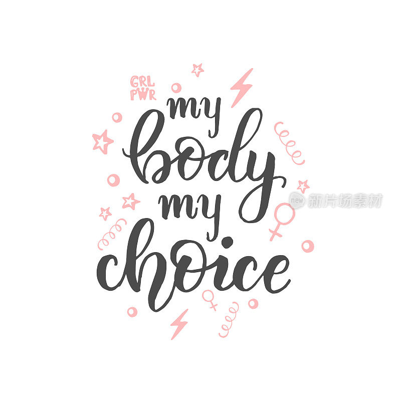 Words, pictures, sentences -- I choose my body. Keep abortion laws in place. Body positive motivation citation. Hand lettering, vector design.